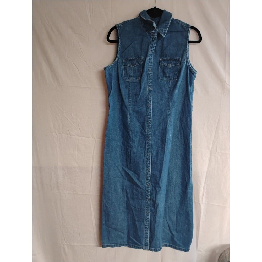 Cherokee Women Denim Cottage Core Sleeveless Denim Dress Collared  Large Prairie